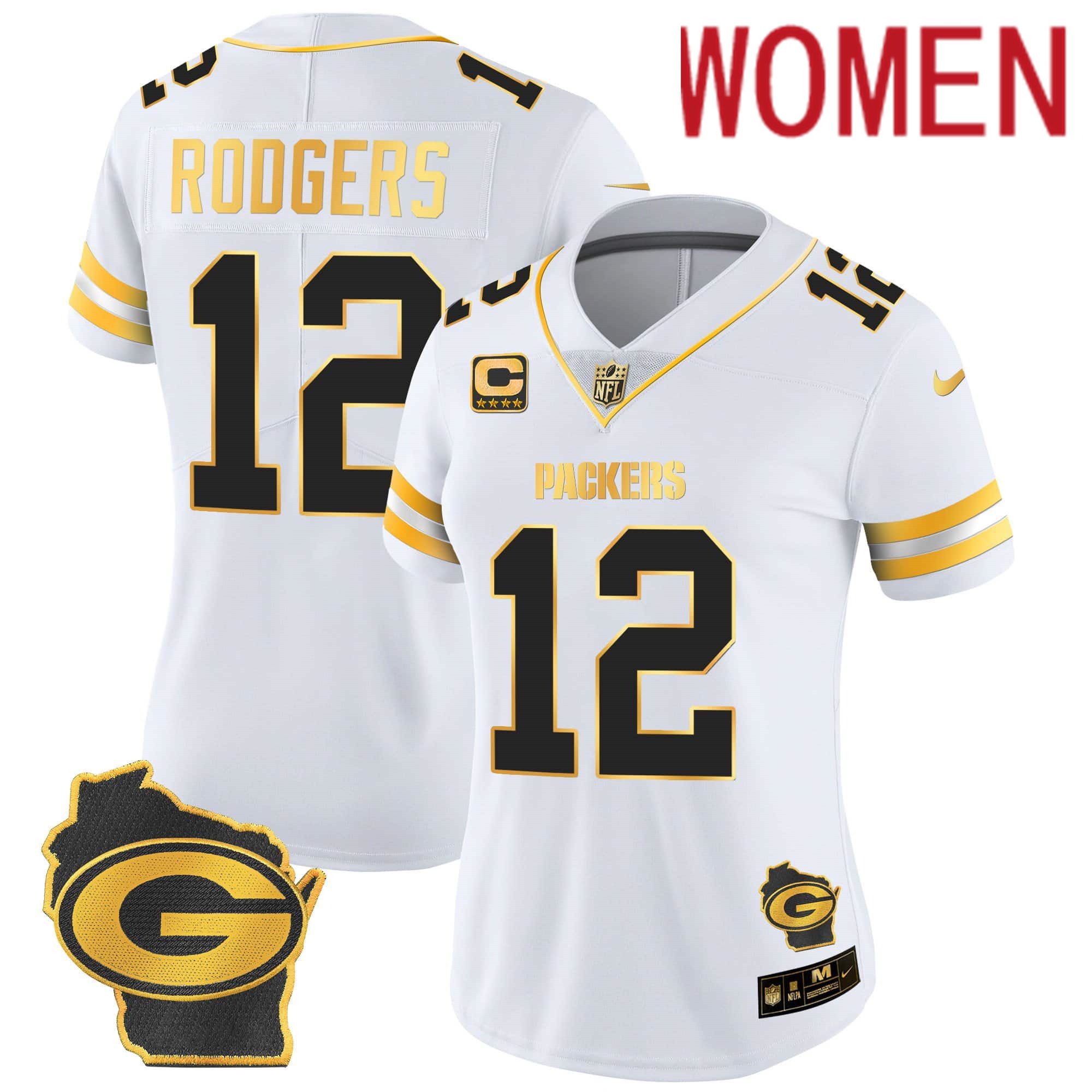 Women Green Bay Packers #12 Rodgers White Gold 2024 Nike Home Patch Vapor NFL Jersey